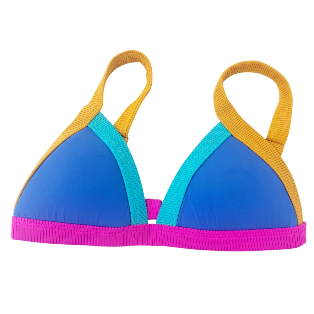 ONEONE Colorblock Ribbed Triangle Bikini Top Blue Pink Yellow Large